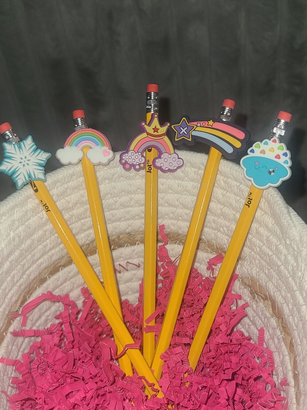 Cute Yellow Kids Pencil Set with Rainbow and Cloud Toppers - Assorted Colors
